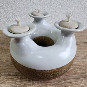 VINTAGE 3 Wick Oil Candle Donut Shape Pottery Ceramic